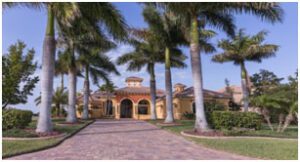 A large driveway with palm trees in front of it.