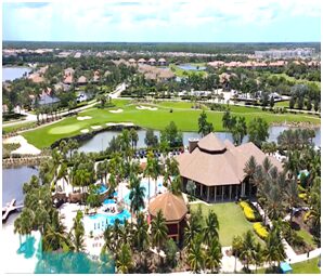 A bird 's eye view of a resort with many trees.